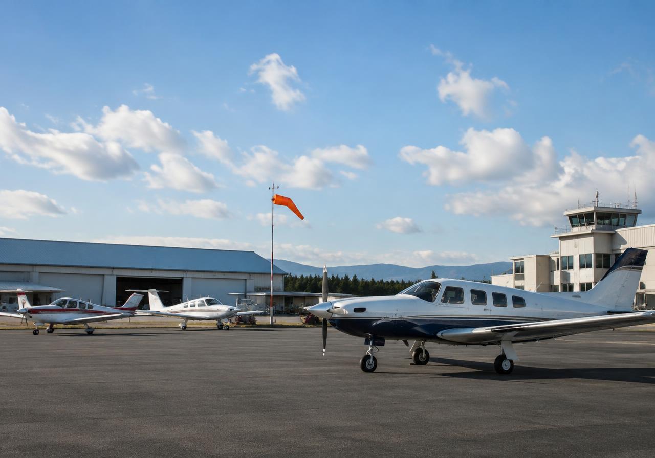 Small propeller plane and business jet near hangars (AI-generated image, not a photograph of the Monroe airport)