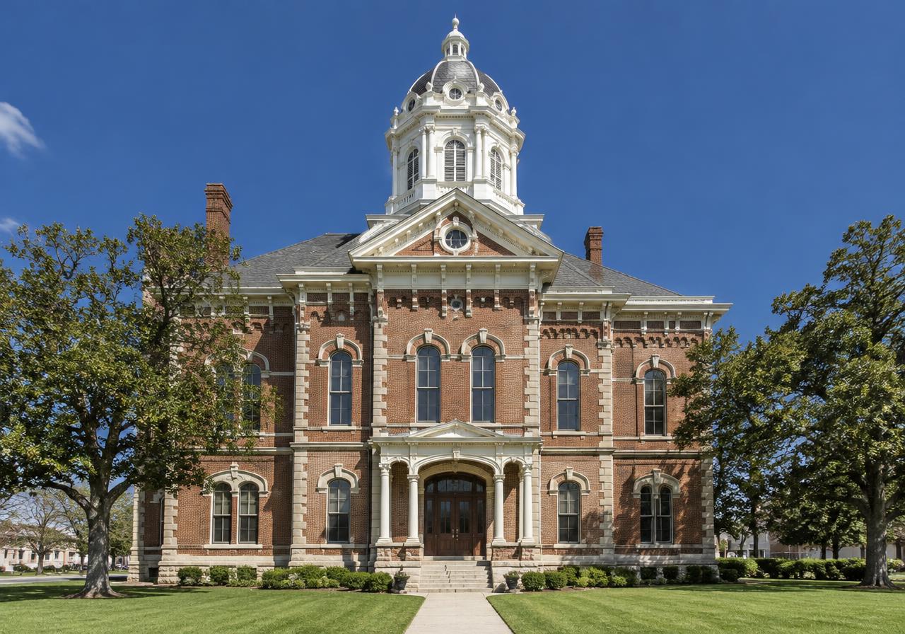 Classical courthouse columns against brick (AI-generated image, not a photograph of the Monroe courthouse)