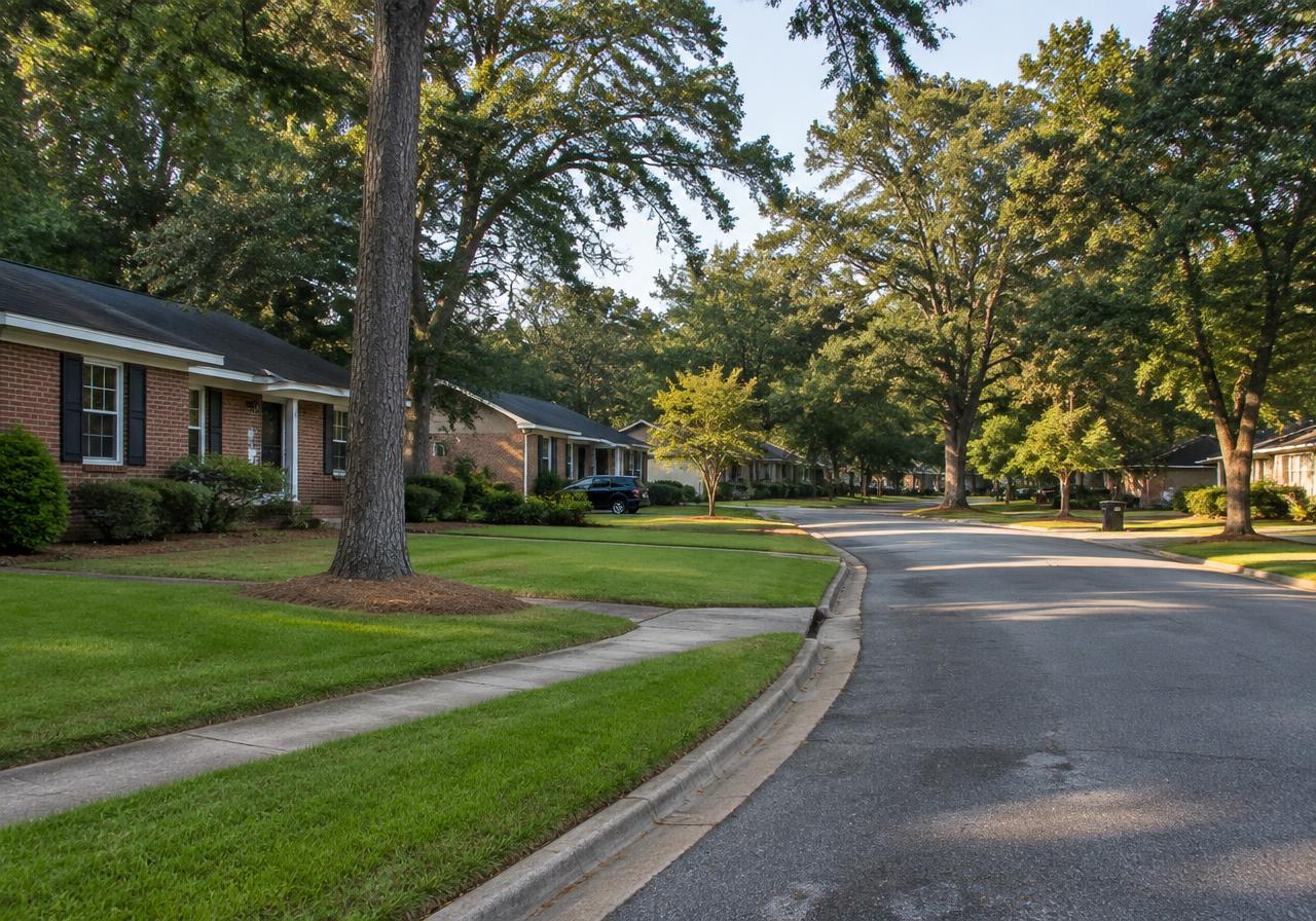 Established street of brick ranch houses under shade trees (AI-generated image)