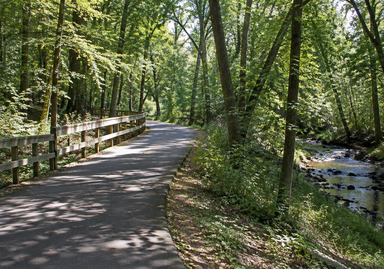 Paved greenway trail beside a wooded creek (AI-generated image, not the Bearskin Greenway)