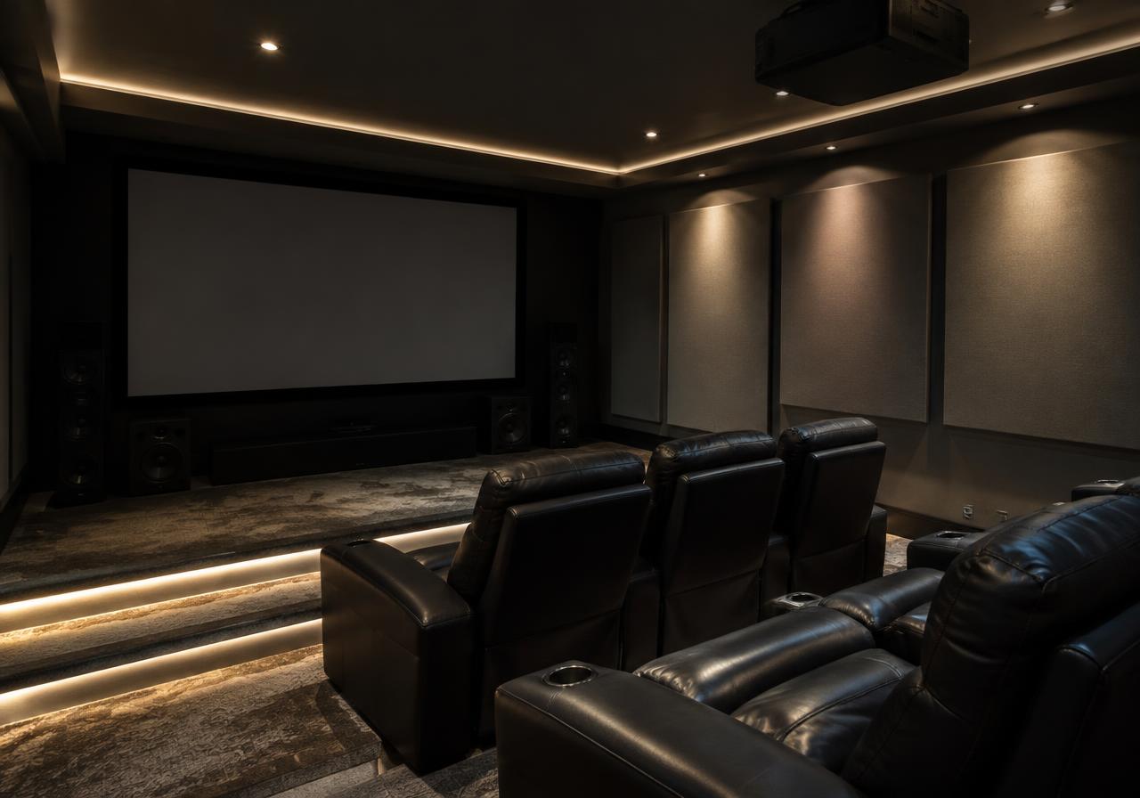 Media room with built-in cabinetry and discreet speakers (AI-generated image)
