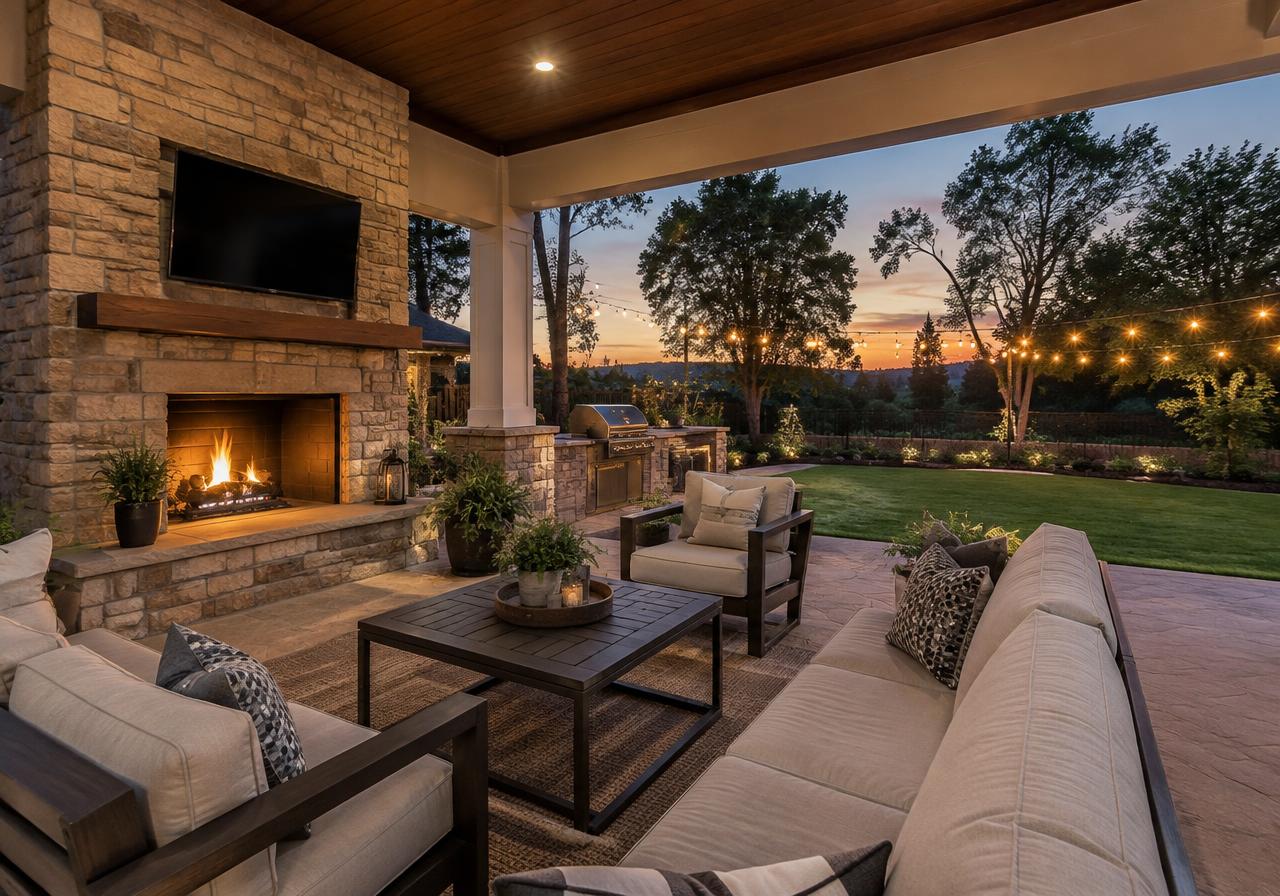 Covered porch with a stone fireplace overlooking woods (AI-generated image)
