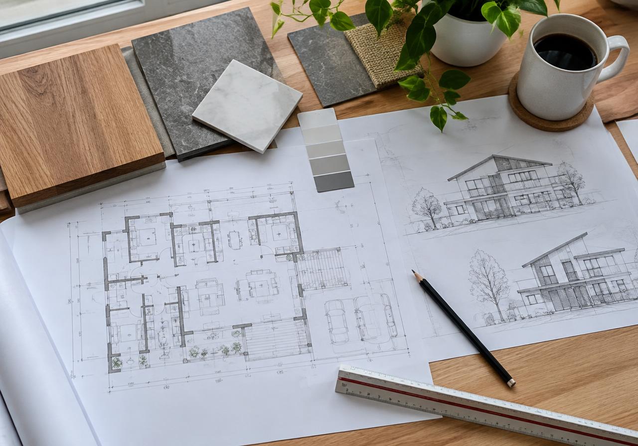 Floor plans, a survey and material samples on a desk (AI-generated image)