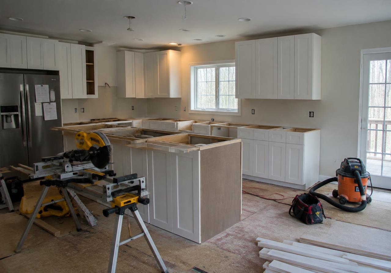 Renovation in progress with exposed framing (AI-generated image, not a specific project)
