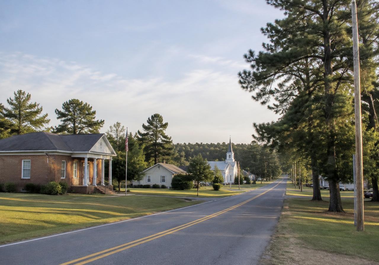 Village street with traditional homes and a pond fountain (AI-generated image, not a photograph of Lake Park)